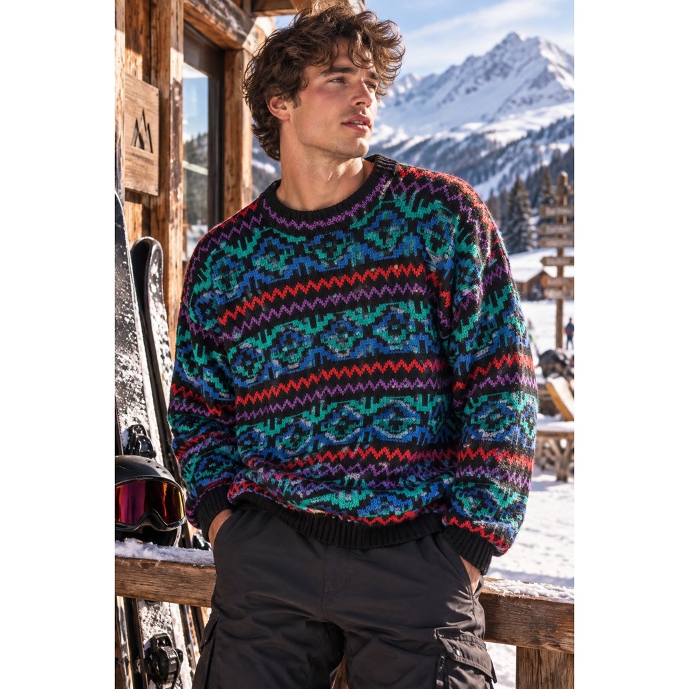Vintage Edelweiss Skiwear Mens Geometric Fair Isle Knit Sweater Black Neon L